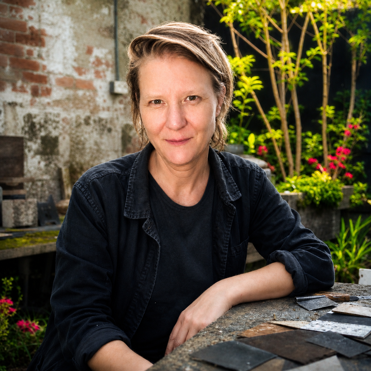 Abigale Stangl seated at an outdoor worktable in a weathered courtyard with bright green foliage
